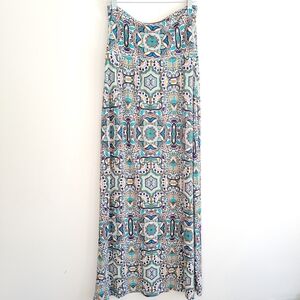 Artisan Ny Geometric Blue Cream Maxi Skirt Stretch Jersey XL Fold Over Waist